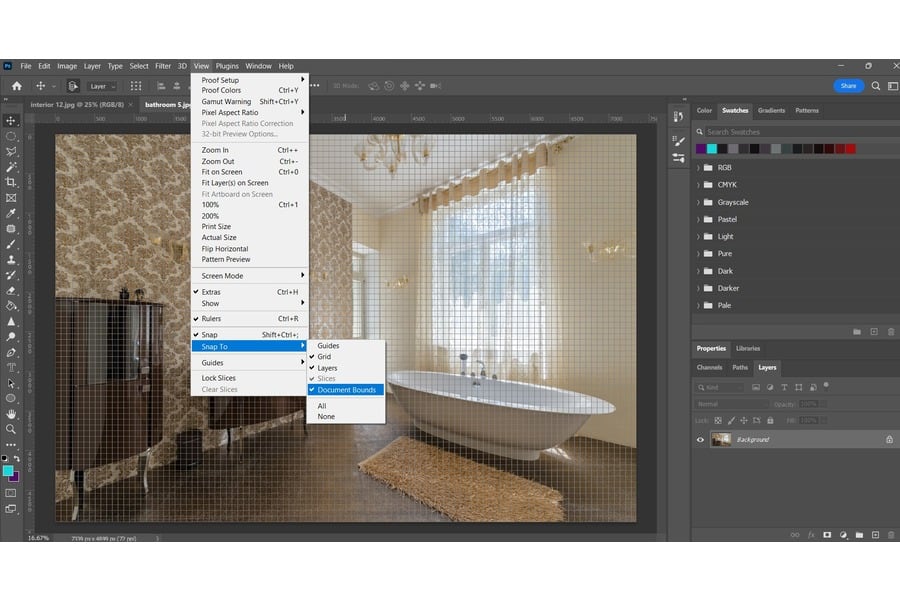 A Photoshop image under editing while showing the view function and selecting the snap to and document bounds options