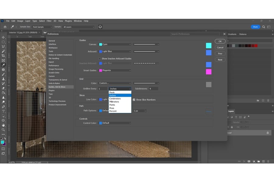 A Photoshop window displaying the preferences and highlighting the guides, grids, and slices and choosing inches
