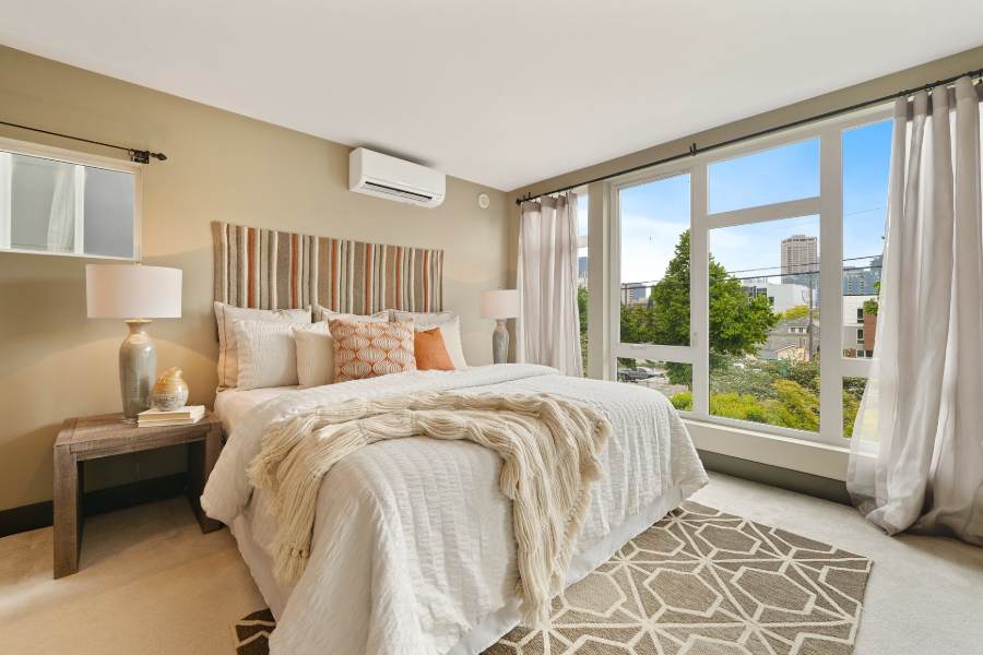 A landscape photo of a bedroom