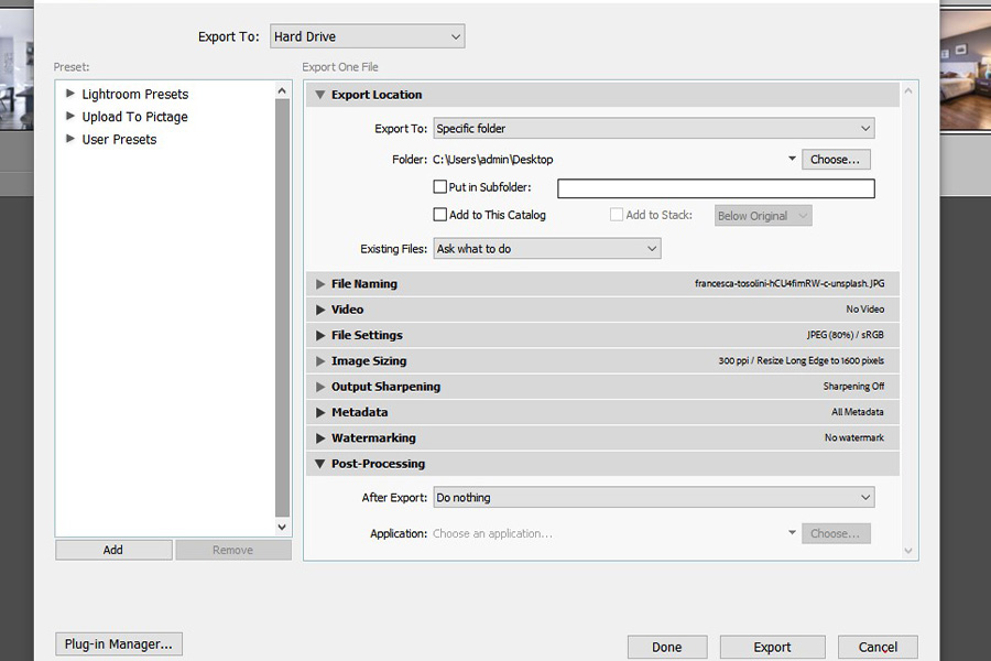 Lightroom export dialog box