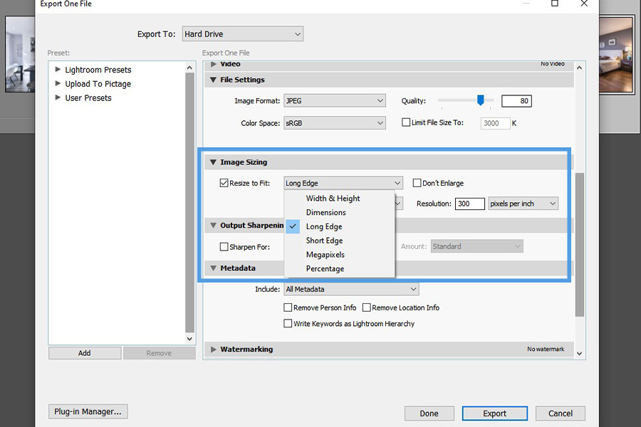 Lightroom image sizing panel