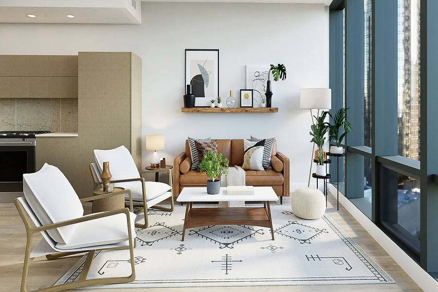 Living area beside ceiling height windows
