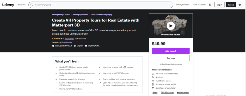 Create VR Property Tours for Real Estate with Matterport 3D homepage with lists of what you will learn in the course