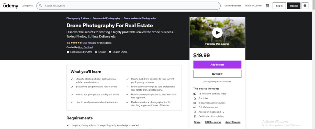 Drone Photography For Real Estate homepage with lists of what you will learn in the course