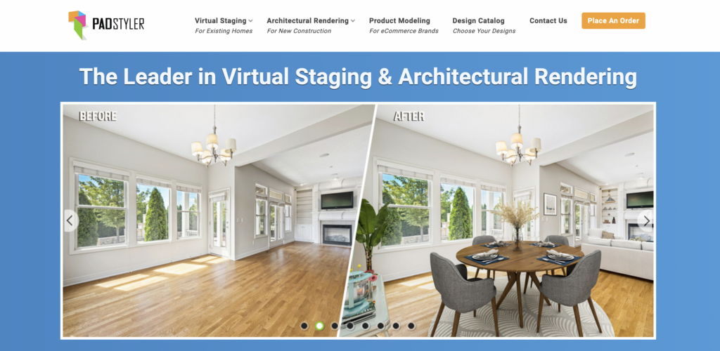 PadStyler homepage shows a before and after look of a living room with a wooden round table and gray chairs near a white wall
