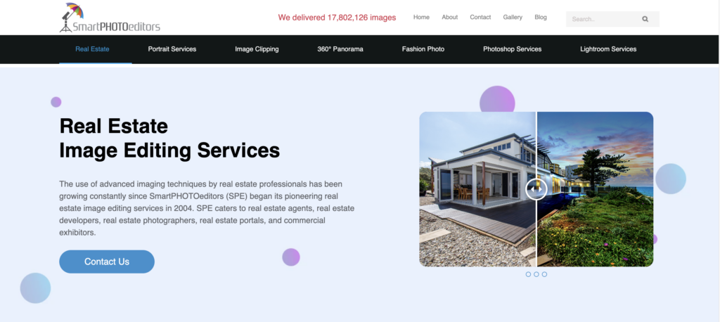 Smart Photo Editors homepage with a brown wooden table and wooden chairs on a gray and white house