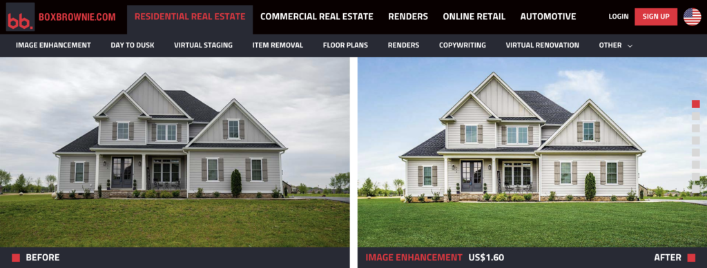 BoxBrownie homepage shows a before and after image of a white house with a gray roof showing an expansive front yard with green grass
